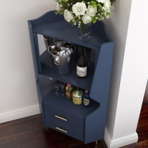 Wooden Corner Bar Cabinet With 2 Open Storage Shelves And 2 Drawers, Mirrored Back Sideboard Cabinet, High Feet Legs For Easy Cleaning, Buffet Cabinet BLUE