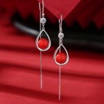 1 Pair 999 Sterling Silver Zircon Teardrop Red Bead Long Threader Earrings, Elegant & Versatile, Perfect For Daily, Dating & Festivals, Ideal Valentine's Gift