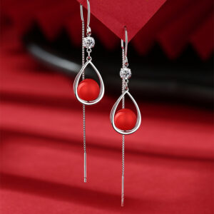 1 Pair 999 Sterling Silver Zircon Teardrop Red Bead Long Threader Earrings, Elegant & Versatile, Perfect For Daily, Dating & Festivals, Ideal Valentine's Gift