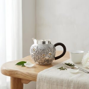 Pure 999 Fine Silver Antique Teapot with Intricate Floral Engraving and Black Handle - Handicraft
