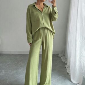 Chic Two-piece Set Plus-size Casual Shirt And High-waisted Wide-leg Pants Suit