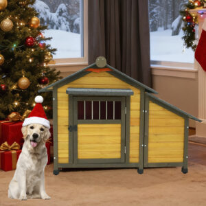 50 Insulated Wooden Dog House For Small Medium Dogs, All-Weather Outdoor Kennel With Removable Thermal Curtain, Lockable Door, Opening Glass Window & Asphalt Shingled Roof