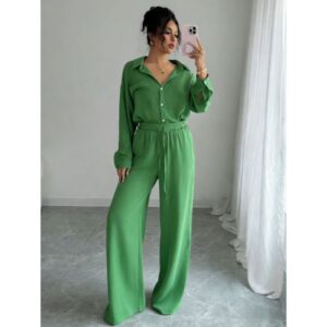Chic Two-piece Set Plus-size Casual Shirt And High-waisted Wide-leg Pants Suit