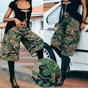 Heavy-duty Pearl And Rhinestone Camouflage Utility Denim Capri Pants With Multiple Pockets