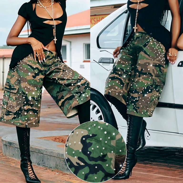 Heavy-duty Pearl And Rhinestone Camouflage Utility Denim Capri Pants With Multiple Pockets