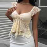 Lace V-neck Ruffled Demure-Style Short Shirt
