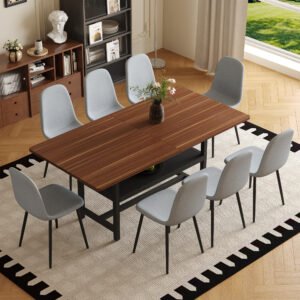 Table And Chair Set.71x35.4 Inch Fashionable Walnut Grain Dining Table, A Practical Choice To Add Color To The Home.Paired With 8 Light Gray Linen-Cotton Material High Resilience Dining Chairs.
