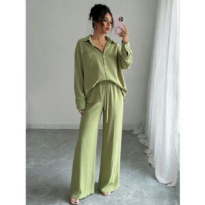 Chic Two-piece Set Plus-size Casual Shirt And High-waisted Wide-leg Pants Suit