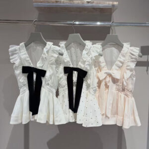 Waist-cinching Blouse With A Ribbon Bow And Ruffled Hem For Women