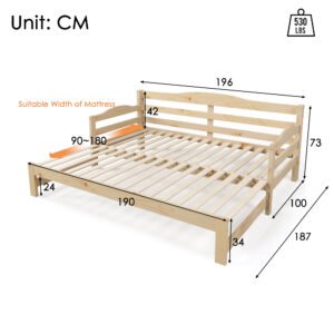 3FT Daybed Cabin Bed Single Guest Bed Sofa Bed, Pull Out Trundle For Living Room And Bedroom, 90 X 190 Cm, Natural
