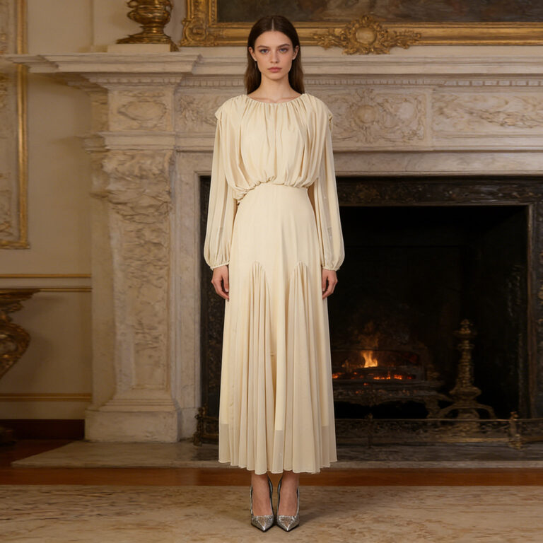 Round Neck Long Sleeve Loose Pleated Solid Color Dress
