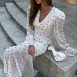 White Floral Print Peplum Crop Top & Mermaid Maxi Skirt Two-Piece Set