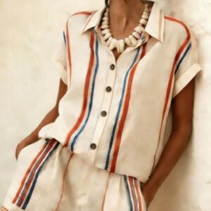 Womens Short-sleeve Shirt And Shorts Striped Set