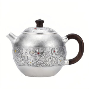 Pure 999 Fine Silver Handcrafted Fine Silver Teapot with Intricate Floral Engravings and Rosewood Handle - Handicraft