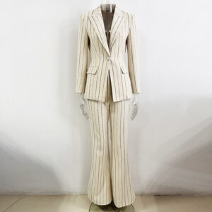 Pinstriped Brushed Suit Jacket And Pants Set Two-Piece Ensemble