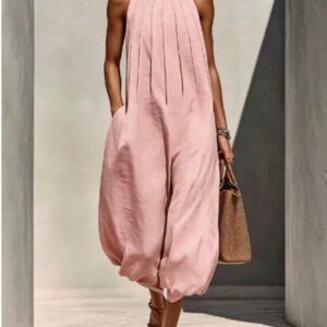 Linen-blend Sleeveless Crew-neck Relaxed-fit Chic Jumpsuit For Vacation-style