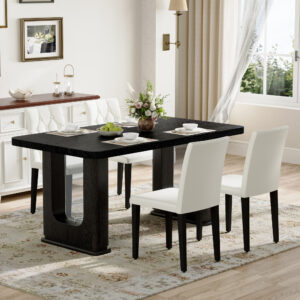 Table And Chair Set.64.5 X 35.4 Inch Stylish Black Wood Color Textured Dining Table.4-pack White PU Dining Chairs Ergonomic Buckle Backrest.Exudes A Strong Sense Of Fashion.