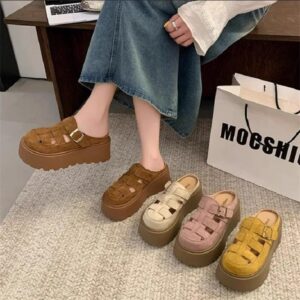 Small Chunky-soled Closed-toe Mule Sandals Hollow-out Roman Style Slippers
