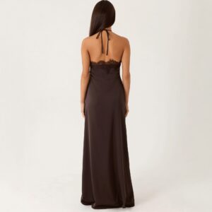 Lace-spliced Backless Slip Dress Solid Color