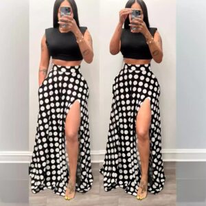High-waisted Split Midi Skirt With A Polka Dot Print