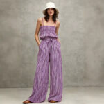 Womens Casual V-Neck Tank Top And Wide-Leg Pants Set With Fine Stripes