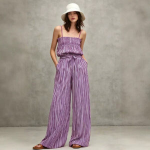 Womens Casual V-Neck Tank Top And Wide-Leg Pants Set With Fine Stripes