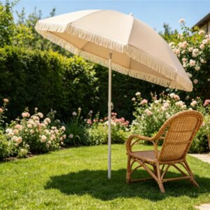 7 FT Boho Patio Umbrella With Fringe Tassel, 30' Adjustable Tilt Outdoor Sun Canopy, Portable 2-Section Metal Beach Umbrella