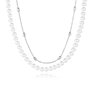 1pc 999 Sterling Silver Double-Layer Natural Pearl Thin Chain Necklace, Minimalist Elegant Style, Perfect For Daily Wear & Valentine's Gifts