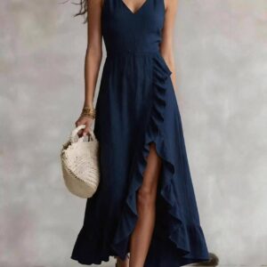 Womens V-neck Sleeveless Flounced Hem Split Dress