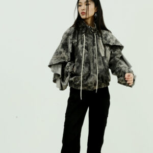 Distressed Ruffled Hem Washed-out Tie-dye Denim Jacket