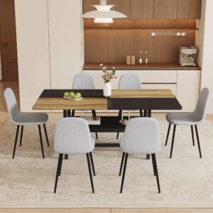 Table And Chair Set.71x35.4 Inch Wooden And Black Spliced Dining Table With Storage Function In The Middle Of The Table Legs.Paired With 6 Light Gray Linen Fabric Chairs.