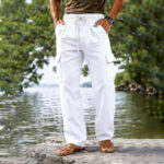 Drawstring Elastic Waist Straight-leg Solid-color Breathable Everyday Casual Mid-length Pants