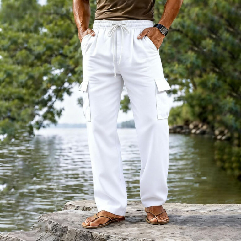 Drawstring Elastic Waist Straight-leg Solid-color Breathable Everyday Casual Mid-length Pants