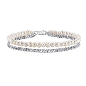 925 Sterling Silver Elegant Double-Layered Freshwater Pearl Bracelet with Sterling Chain