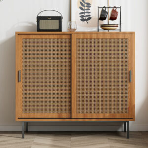 Sideboard, Kitchen Cabinet, Storage Cupboard With Rattan Decorated Doors, With 2 Sliding Barn Doors, 10 0 X 37 X 90 Cm, Adjustable Shelves, Walnut
