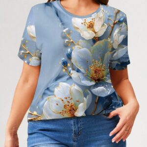 New Arrival Fashionable Casual Floral Print Crew-Neck T-Shirt Top With Short Sleeves For Women