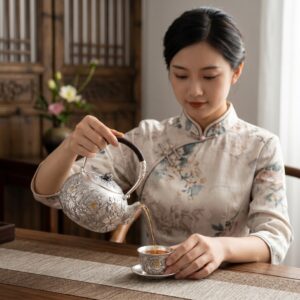 925 Sterling Silver Ornate Hand-Carved Silver Peony Teapot with Woven Handle and Floral Finial – Handicraft