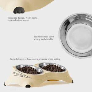 Anti Slip Base Double Cat Food Bowl, Gray Stainless Steel Food And Water Bowl, Easy To Clean And Detachable Design, Cat And Dog Pet Feeder