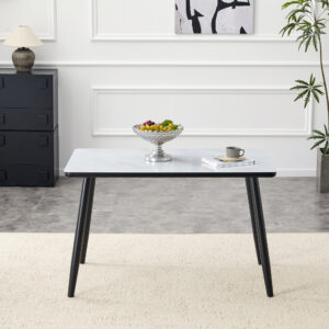 Modern Minimalist Rectangular Dining Table,suitable For 4-6 People.Tempered Glass Countertop Lower MDF Board,imitation Marble Texture,black Metal Tapered Legs.Suitable For Minimalist Restaurants