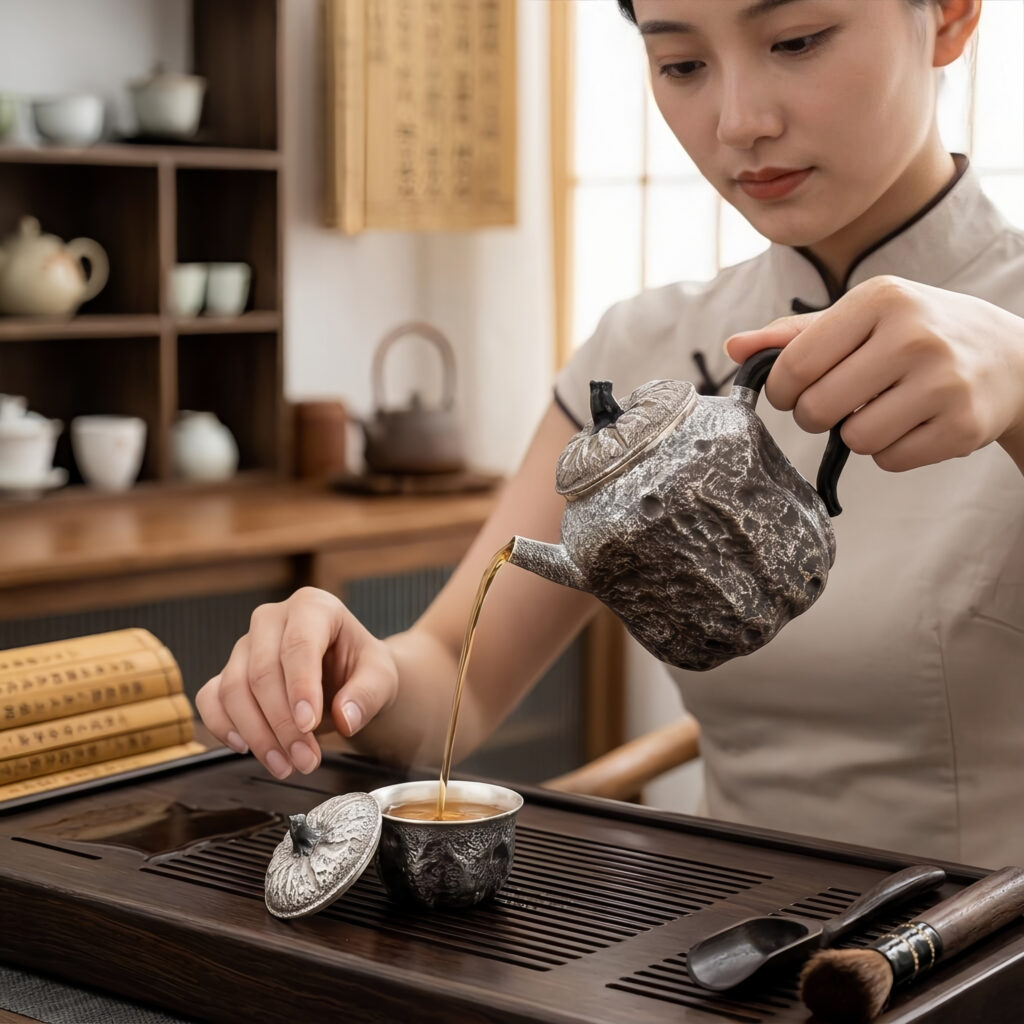 Pure 999 Fine Silver Handcrafted Rustic Silver Teapot with Textured Bark Finish and Pumpkin-Inspired Lid - Handicraft