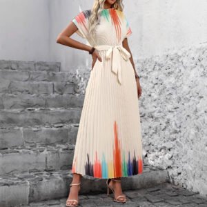 Lace-up Short-sleeve Mock-neck Versatile Dress Elegant For Workwear