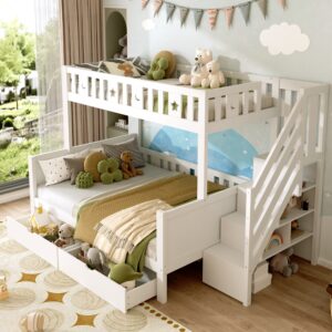 Bunk Bed With Two Storage Drawers And Side Hidden Storage Compartments, Solid Wood Loft Bed Frame With Space-Saving Design, Safety Guardrails & Staircase, Star And Moon Motifs, White No Mattress