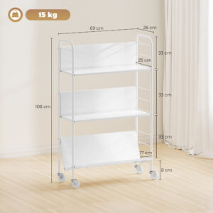 Bücherregal Aufbewahrungsregal Mit 3 Ebenen, Rädern, Spielzeugregal Für Schlafzimmer, 69 X 26 X 108 Cm, Weiß