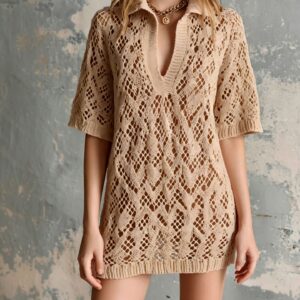 V-neck Short-sleeve Loose Hollow-out Knit Mini Dress