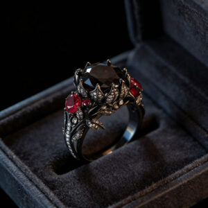 Ruby-red Vintage Floral And Leaf Ring Dark-themed Style