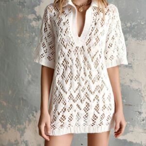 V-neck Short-sleeve Loose Hollow-out Knit Mini Dress