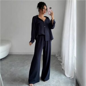 Chic Two-piece Set Plus-size Casual Shirt And High-waisted Wide-leg Pants Suit