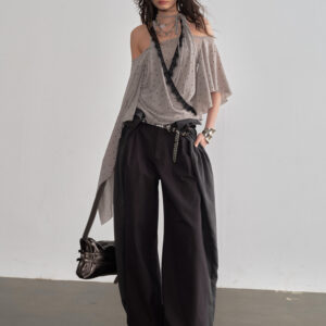 Retro Asymmetrical Shawl-sleeve Halter Top Blouse