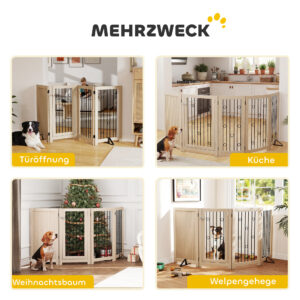 Freistehendes Haustiertor, Hundegitter Mit Tür, 4 Paneele, Für Flur, Treppe, Türrahmen, MDF, Stahl