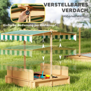 Sandkasten 106x106 Cm Kinder Sandbox Aus Holz Mit Höhenverstellbar Abdeckung Sitzbänken Rücklehnen Hellbraun